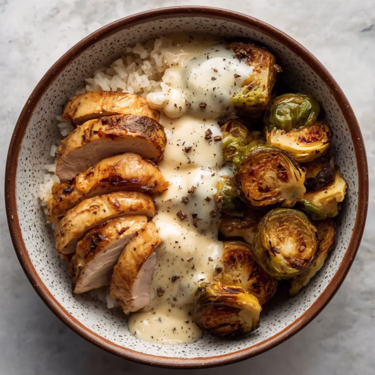 Grilled Chicken with Creamy Pepper Sauce & Roasted Brussels over Rice Recipe