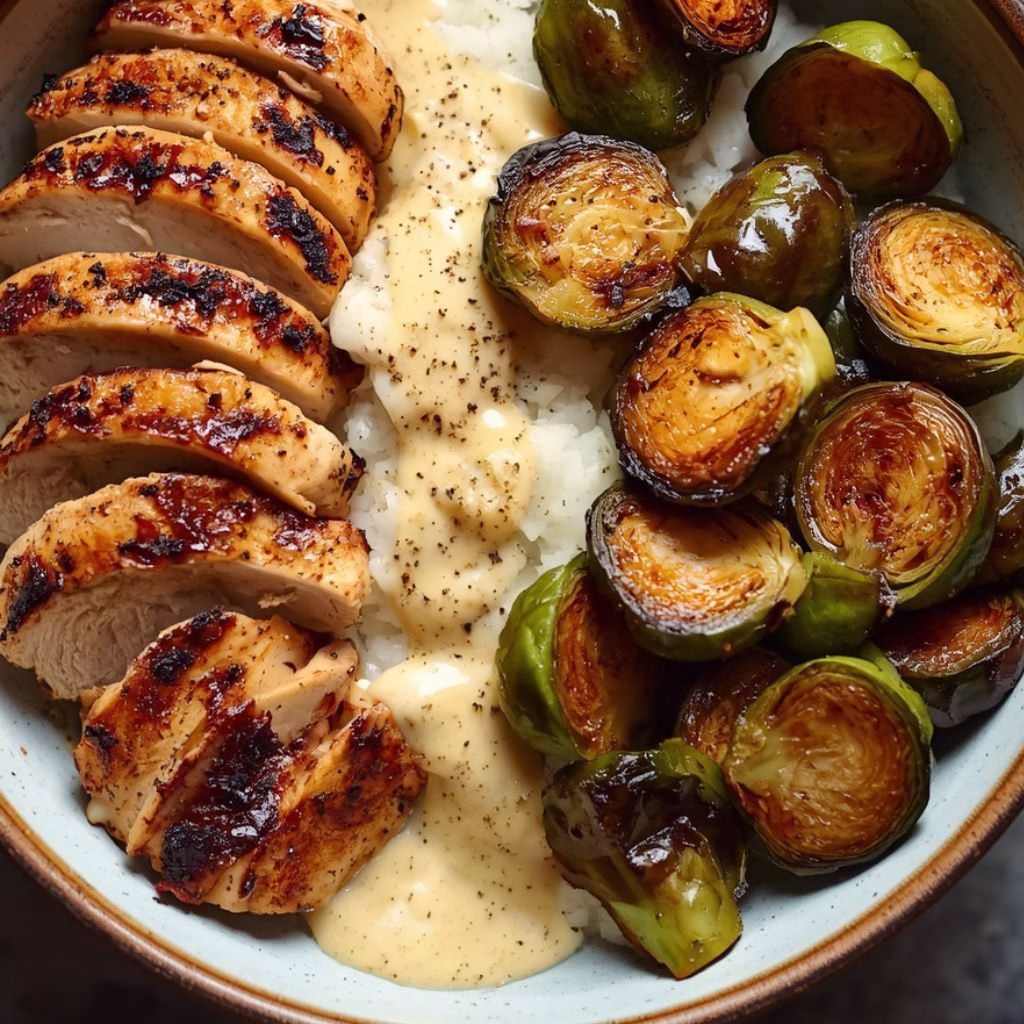 Grilled Chicken with Creamy Pepper Sauce & Roasted Brussels over Rice Recipe