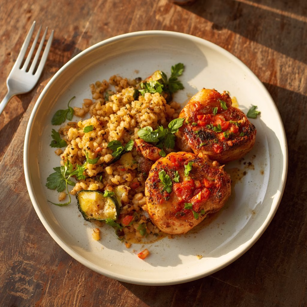 Harissa Chicken Thighs with Couscous & Charred Zucchini Recipe