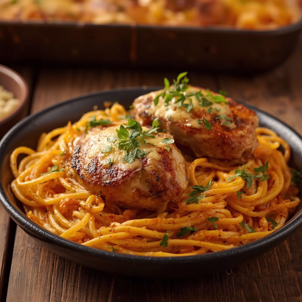 Oven Baked Chicken Thighs with Cheesy Spaghetti Recipe