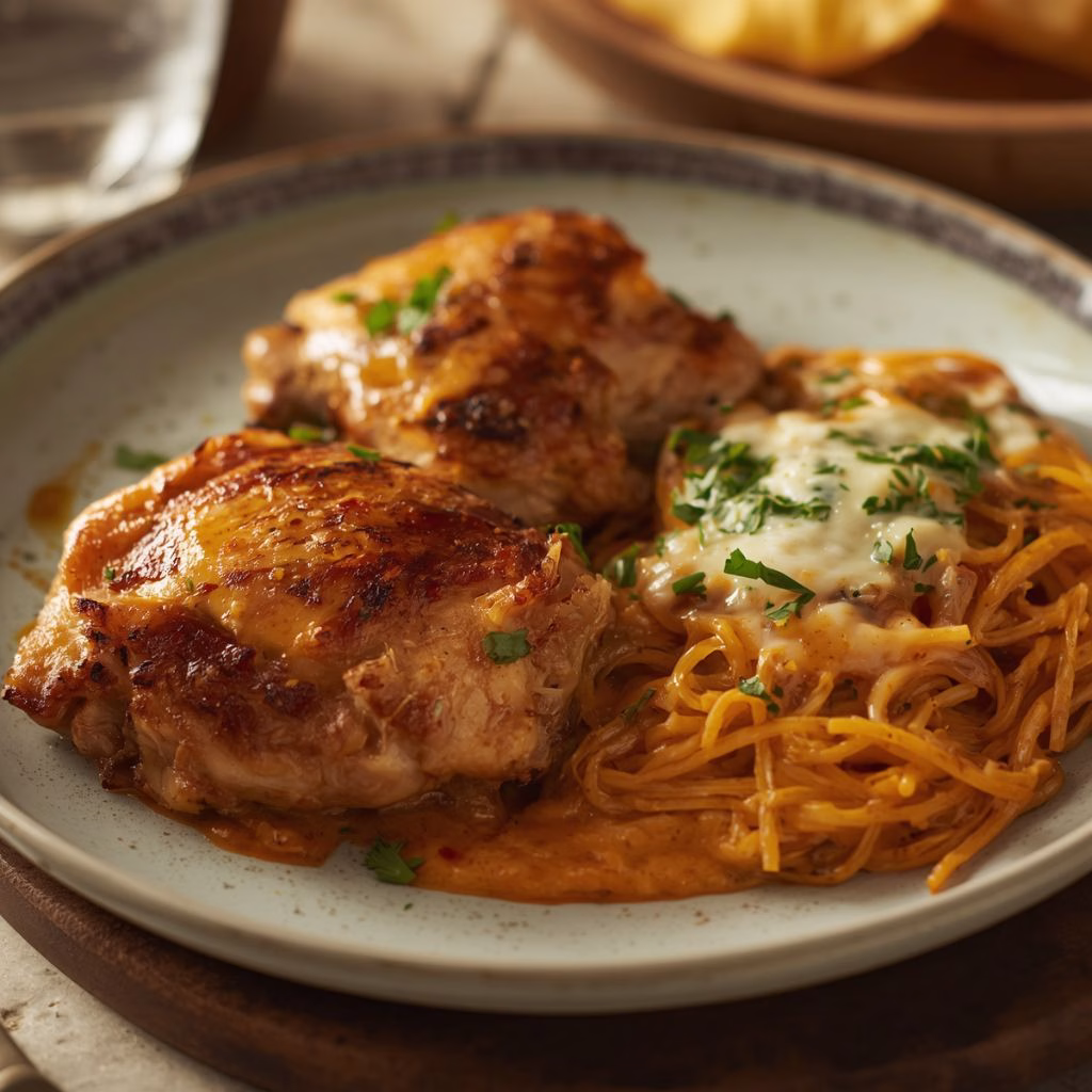 Oven Baked Chicken Thighs with Cheesy Spaghetti Recipe