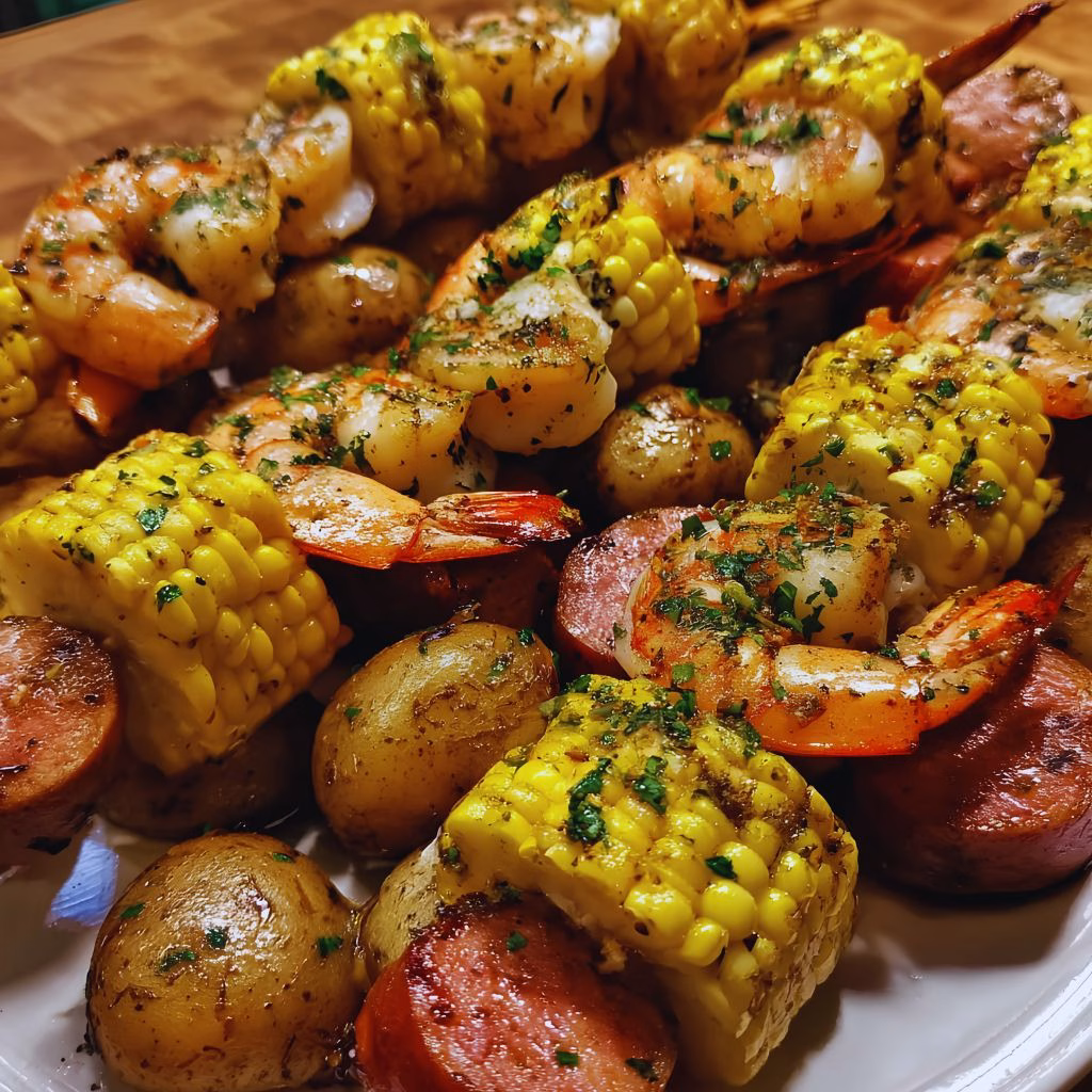 Shrimp Boil Skewers with Corn, Sausage and Potatoes Recipe